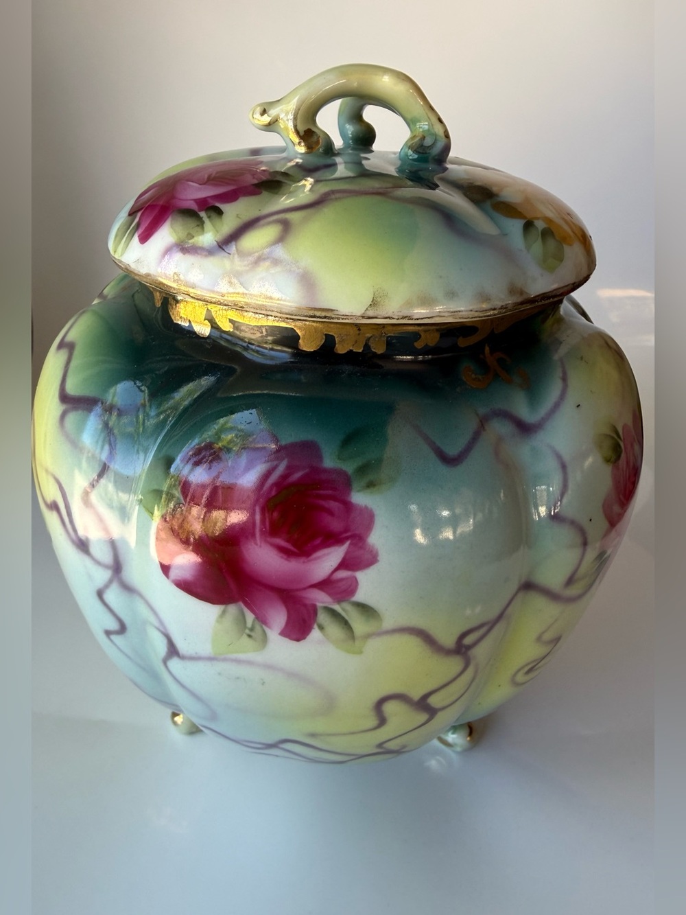 Antique Nippon Era Hand Painted Cabbage Rose Footed Biscuit Jar Covered Jar